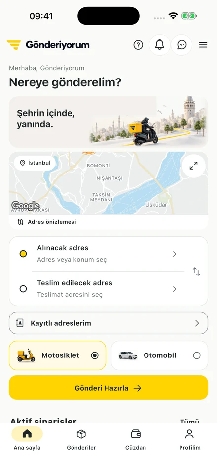 Gönderiyorum müşteri uygulamasında adres seçimi ve yeni gönderi ekranı